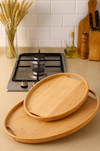 Çavdar Group Bamboo 2-Piece Oval Tray Set Serving Tray 2 Pieces Bamboo Presentation Tray