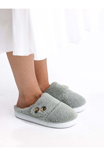 Behtah Kundura Beige Button Detailed Non-Slip Sole Plush Women's House Slippers with Complete Wool Inside