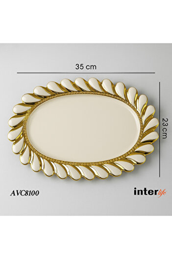 İnterlife Gilded Serving Presentation Plate Gold Detailed Round Luxury Multi-Purpose Porcelain Plate 35*23 cm