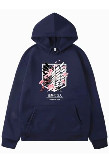 caddekombin Sakura Discovery Union Printed Hooded Cotton Navy Blue Sweatshirt with Pockets