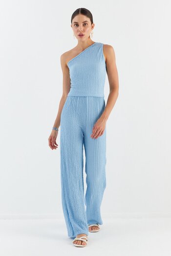 Shopping Shop One Shoulder Seersucker Fabric Blouse Pants Set Blue
