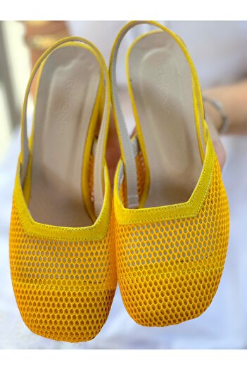BERFONA Beron Square Toe Yellow Net Detail 5 cm Heel Sandals