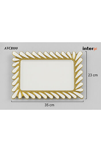 İnterlife Gilded Serving Presentation Plate Gold Detailed Rectangular Luxury Multi-Purpose Porcelain Plate 35*23 cm