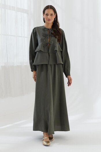 Shopping Shop Ruffled Blouse Skirt Set with Tie-Up Front Kahki