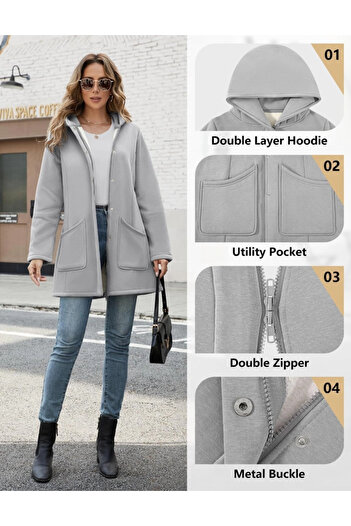 OEM Women's extra-long sweatshirt with zipper, hood and pockets, dark gray S