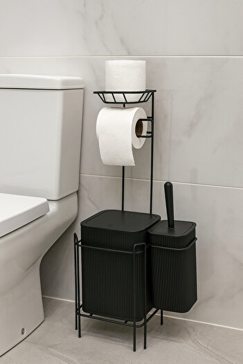 Wirewel Yedekli Siyah Kare WC Kağıtlığı Tuvalet Fırçalığı Çöp Kovası Seti, Metal Askılı WC Kağıtlık Fırça