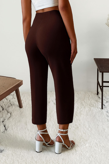 Deafox Brown Women's High Waist Slim Fit Zippered Crepe Fabric Pants