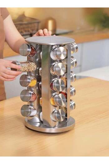 Orgain Rotating Spice Rack Organizer with 20 Glass Jars - Silver