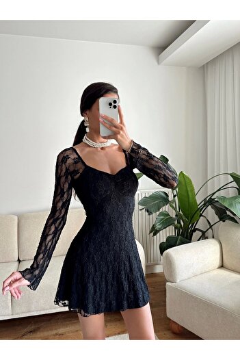 Zoom Butik Madonna Yaka Dantel Astarlı Elbise - SİYAH