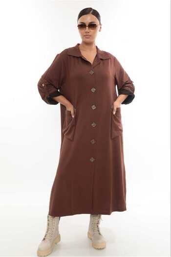 KLEERMAKER Women's Plus Size Crystal Fabric Shirt Collar Slit Detail Pocket Brown Cap Dress