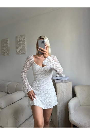 Zora Butik Madonna Yaka Dantel Astarlı Elbise - BEYAZ
