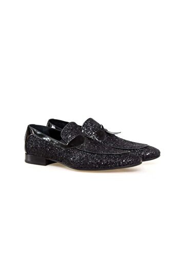 FRANCO CALVANI Black Color Laceless Genuine Leather Patent Leather Silvery Men's Shoes