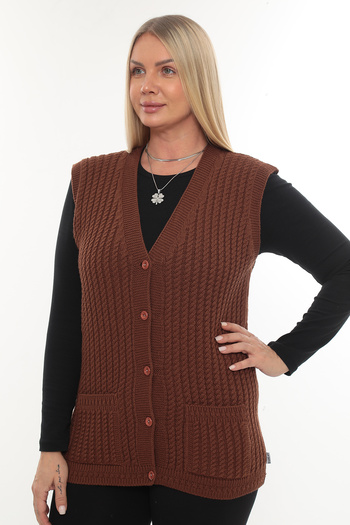 İKSUN Women's V-Neck Winter Thick Woolen Hair Knit Model Knitwear Button Mother Vest with Pockets