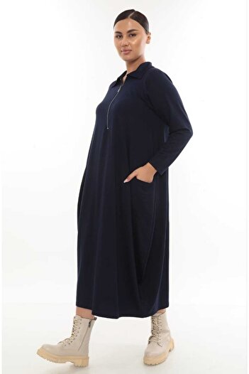 KLEERMAKER Women's Plus Size Crystal Fabric Half Zipper Shirt Collar Pocket Navy Dress