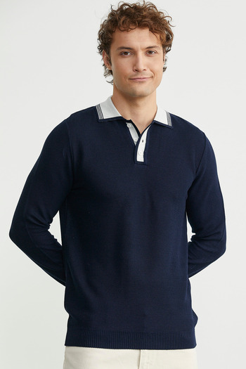 Sementa Polo Neck Wool Knit Sweater - Navy Blue
