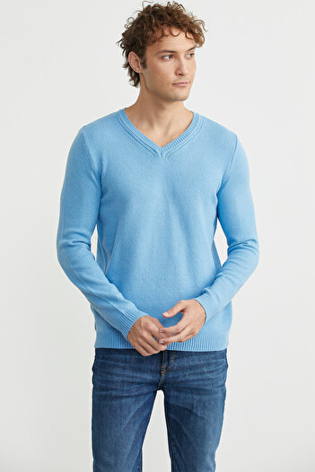 Sementa V-Neck Basic Knit Sweater - Light Blue