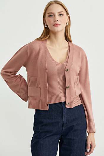 Sementa Knitwear Cardigan Crop Two-Piece Set - Rose
