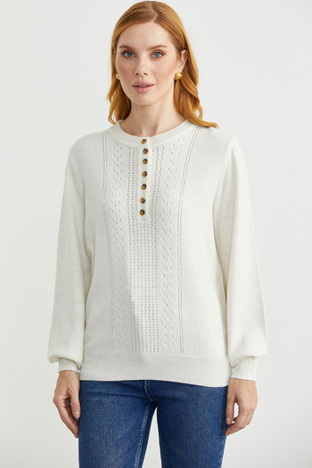 Sementa Half Button Round Neck Knitwear Sweater - Bone