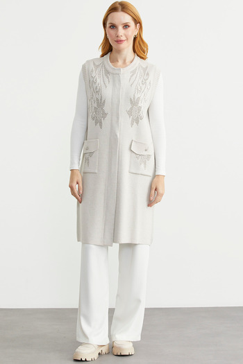 Sementa Long Wool Knit Vest with Pockets - Stone
