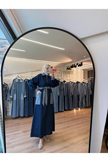 OlaLady Women's Light Dark Color Contrast Belted Hijab Denim Jeans Dress