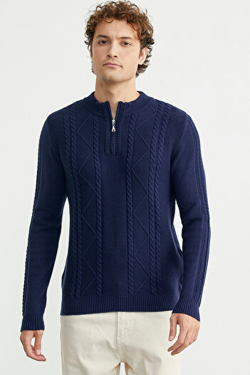 Sementa Half Zipper Stand Collar Knit Sweater - Navy Blue