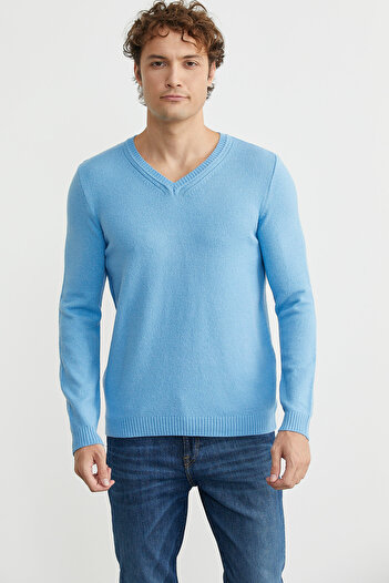 Sementa V-Neck Basic Knit Sweater - Light Blue