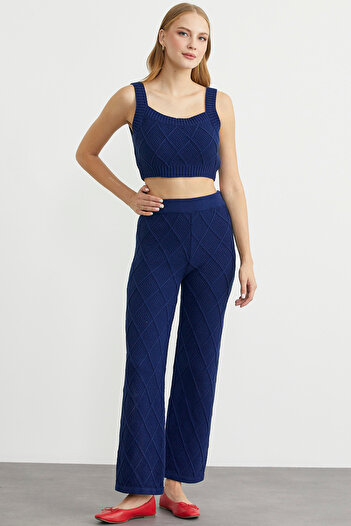 Sementa Cotton Crop Pants Knitwear Set - Navy Blue