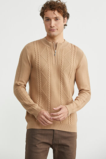 Sementa Half Zipper Stand Collar Knit Sweater - Beige