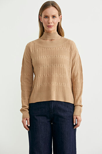 Sementa Pulover tricotat cu guler înalt din tricot - Camel