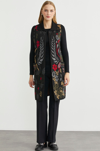 Sementa Colorful Floral Motif Wool Long Knit Vest - Black
