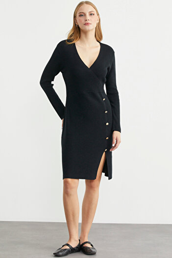 Sementa Double-Breasted Button Detailed Knitwear Dress - Black