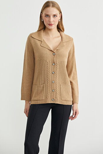 Sementa Wool Pocket Button Detailed Knitwear Jacket - Camel