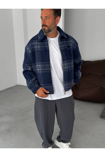 BYBASICMAN Lacivert Ekose Kaşe Ceket TW-7030
