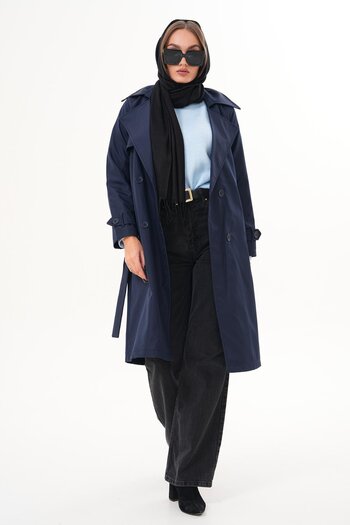 soi fashion Kuşaklı Astarlı Uzun Trençkot Lacivert