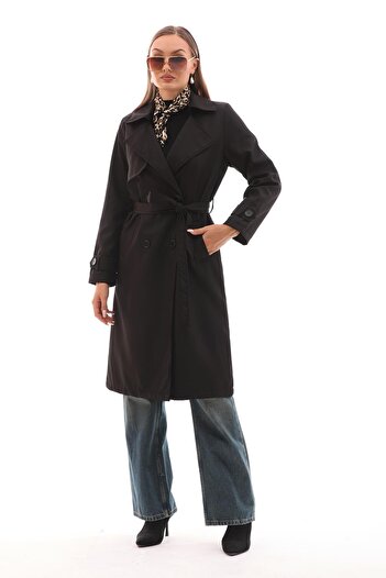 soi fashion Belted Lined Long Trench Coat Black
