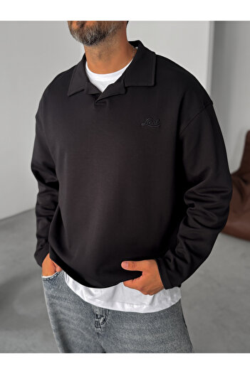 BYBASICMAN Black Polo Neck Local Embroidered Thin Sweatshirt Pm-026
