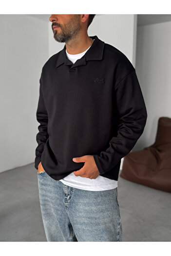 BYBASICMAN Black Polo Neck Local Embroidered Thin Sweatshirt Pm-026