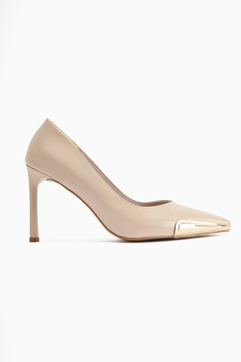 Limoya Lula Beige Patent Leather Metal Buckle Pointed Toe Women's Heeled Shoes