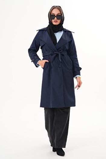 soi fashion Belted Lined Long Trench Coat Navy Blue
