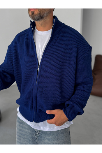 BYBASICMAN Navy Blue Zippered Half Turtleneck Knitted Cardigan Pm-022