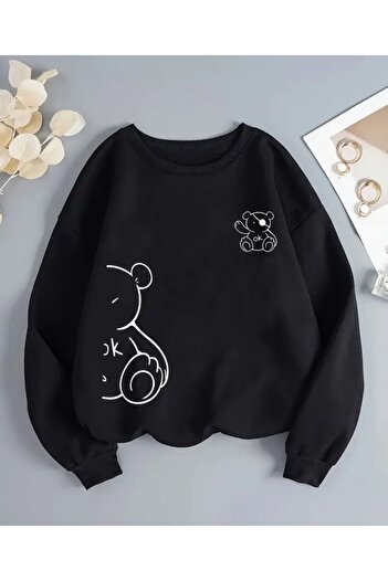 herkesemoda Teddy Bear Pattern Detailed Crew Neck Sweatshirt with Fleece Inside