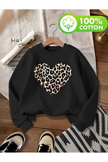 herkesemoda Leopard Heart Pattern Detailed Crew Neck Fleece Sweatshirt