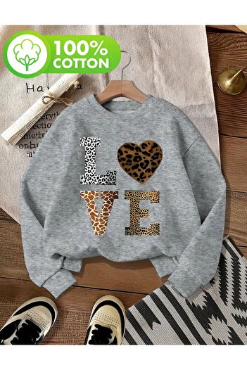 herkesemoda Love Pattern Detailed Crew Neck Sweatshirt with Fleece Inside