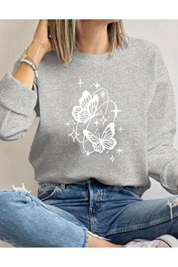 herkesemoda Butterfly Pattern Detailed Crew Neck Sweatshirt with Fleece Inside