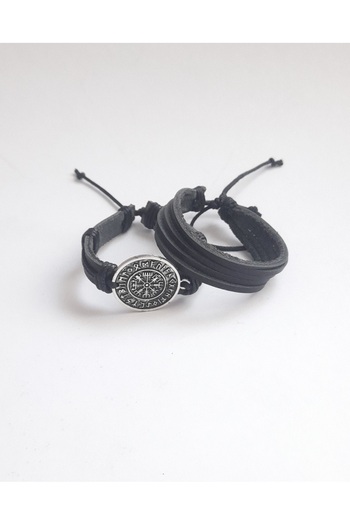 BSN Store 3 Pieces Genuine Leather Bracelet and Necklace Set with Vegvisir Compass Figure