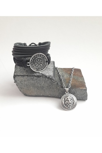 BSN Store 3 Pieces Genuine Leather Bracelet with Vegvisir Compass Figure and Necklace Set with Lion Figure