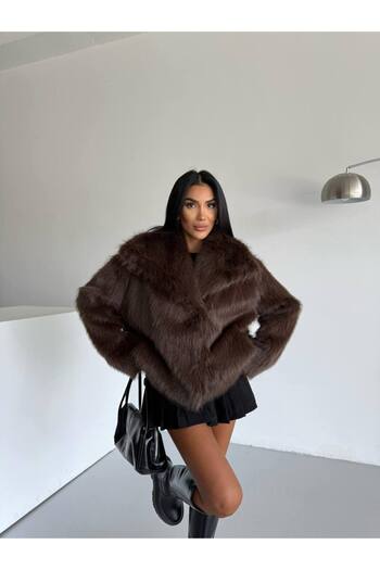 BE CHİC Women's Turn-Up Collar Pocketed Snap-On Closure Imported Faux Fur Coat G6690