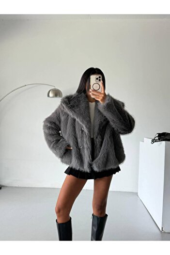 BE CHİC Women's Turn-Up Collar Pocketed Snap-On Closure Imported Faux Fur Coat G6690