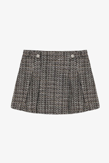 Quzu Tweed Brown Women's Skirt with Pleated Button Accessories Etk00879