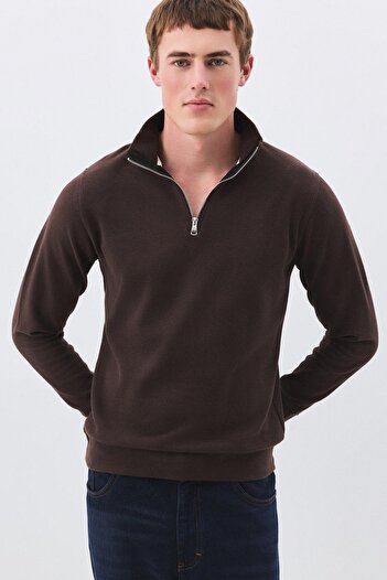 Trendiz Men's Standard Fit Cotton Thessaloniki Fabric Half Zipper Stand Collar Sweatshirt Brown